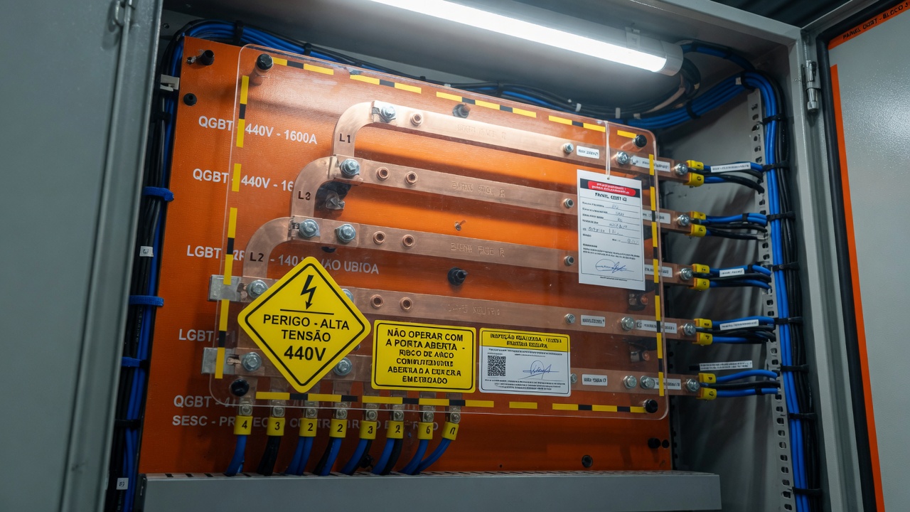 QGBT com barramentos de cobre, proteção e sinalização de segurança — RVS Instalações Elétricas