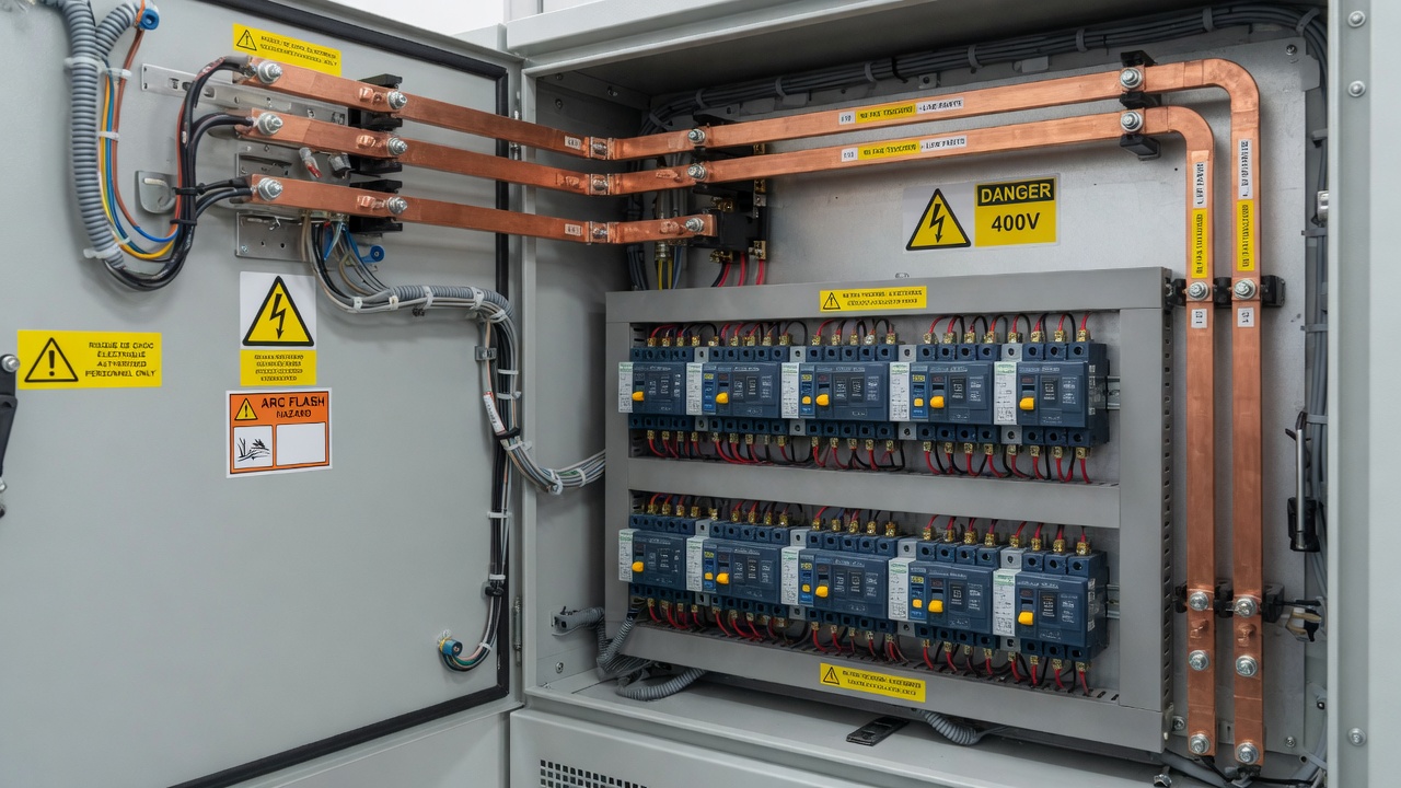 Painel elétrico completo com barramentos e disjuntores